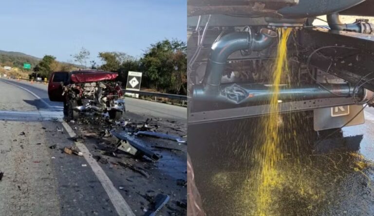 Acidente entre caminhão-tanque e caminhonete interdita BR-262, na Grande BH - Foto: Divulgação/CBMMG