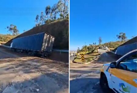 Caminhão perde os freios e acessa área de escape do Anel Rodoviário, em BH - Foto: Divulgação/BHTrans