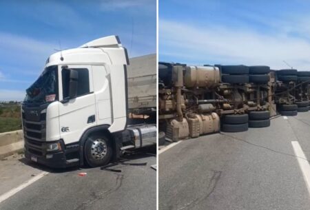 Carreta tomba e causa 12 km de fila na Rodovia Fernão Dias, em Pouso Alegre; veja rota alternativa Carreta tomba e causa 12 km de fila na Rodovia Fernão Dias, em Pouso Alegre; veja rota alternativa - Foto: Reprodução/Redes Sociais