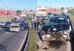 Acidente entre três carros complica trânsito da Via Expressa de Contagem - Foto: Divulgação/Transcon