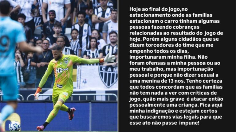 Filha de goleiro Everson é vítima de importunação sexual na Arena MRV, em BH Filha de goleiro Everson é vítima de importunação sexual na Arena MRV, em BH - Foto: Pedro Souza/Atlético - Reprodução/Redes sociais