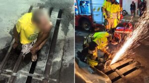 Homem fica com perna presa em bueiro e é resgatado pelo Corpo de Bombeiros em Sabará - Foto: Divulgação/Corpo de Bombeiros