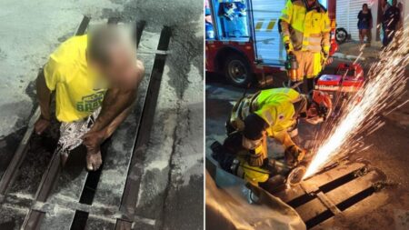Homem fica com perna presa em bueiro e é resgatado pelo Corpo de Bombeiros em Sabará - Foto: Divulgação/Corpo de Bombeiros