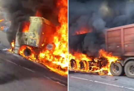 Caminhão pega fogo e assusta motoristas na BR-040, em Ribeirão das Neves - Foto: Reprodução/Redes Sociais
