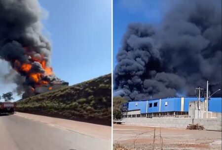 Incêndio de grandes proporções atinge galpão às margens da Rodovia Fernão Dias, em São Joaquim de Bicas - Foto: Reprodução/Redes Sociais