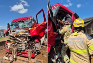 Motorista de carreta fica preso às ferragens após acidente na Fernão Dias, em Betim - Foto: Divulgação/CBMMG