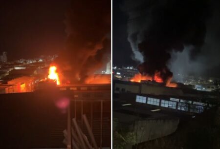 Incêndio destrói galpão de fábrica de calçados em Nova Serrana - Foto: Divulgação/CBMMG
