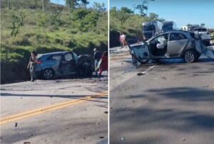 Acidente entre carros e caminhão deixa vítima presa às ferragens na BR-040, em Conselheiro Lafaiete - Foto: Reprodução/Redes Sociais