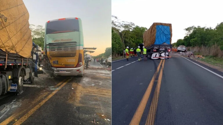 Batida entre ônibus e dois caminhões deixa um morto na BR-135 - Foto: Divulgação/PMMG