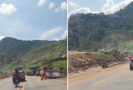 Deslizamento de talude complica trânsito na BR-381, em Jaguaraçu Deslizamento de talude complica trânsito na BR-381, em Jaguaraçu - Foto: Reprodução/Redes Sociais