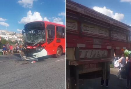 Acidente entre ônibus e caminhão complica trânsito na BR-040, em Contagem Acidente entre ônibus e caminhão complica trânsito na BR-040, em Contagem - Foto: Reprodução/Redes Sociais