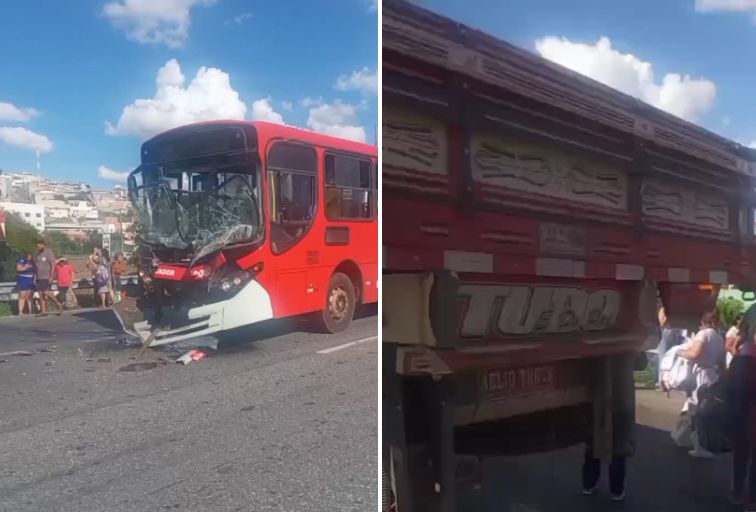 Acidente entre ônibus e caminhão complica trânsito na BR-040, em Contagem Acidente entre ônibus e caminhão complica trânsito na BR-040, em Contagem - Foto: Reprodução/Redes Sociais