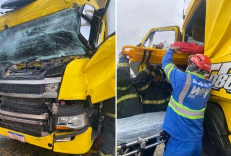 Motorista fica preso às ferragens após acidente entre caminhões na BR-262, na Grande BH - Foto: Divulgação/CBMMG