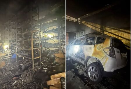 Incêndio destrói garagem de residência e dois carros no bairro Glória, em BH - Foto: Divulgação/CBMMG