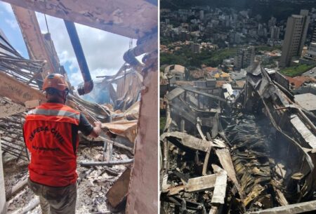 Com risco de desabar parcial, prédio atingido por incêndio é interditado em BH - Foto: Divulgação/Defesa Civil de BH + CBMMG