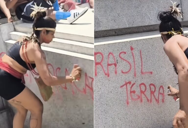 Mulher é presa por pichar estátua durante protesto contra PL da Dosimetria em BH - Foto: Reprodução/Redes Sociais