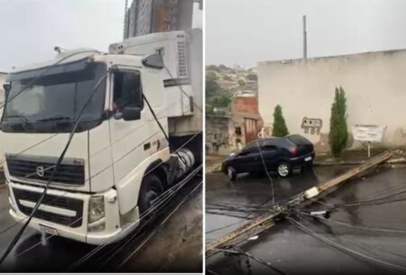 Caminhão derruba dois postes e interdita rua no bairro Mantiqueira, em BH - Foto: Divulgação/CBMMG