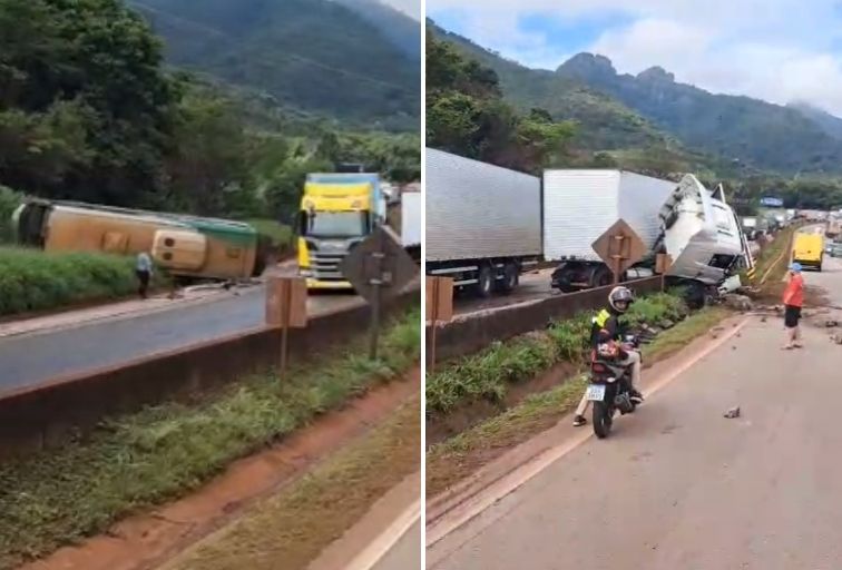 Ônibus tomba após acidente com carretas na Rodovia Fernão Dias, em Igarapé Ônibus tomba após acidente com carreta na Rodovia Fernão Dias, em Igarapé