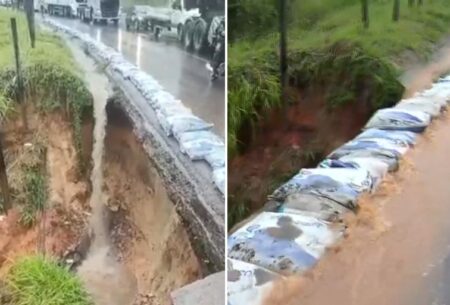 Atenção motoristas: Parte do acostamento cede e cratera gera alerta na BR-381 - Foto: Reprodução/Redes Sociais