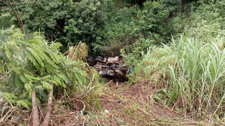 Motorista morre após caminhão capotar e cair em ribanceira na BR-262, em Juatuba - Foto: Divulgação/Corpo de Bombeiros