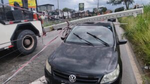 Árvore e poste caem sobre carro e caminhão em rua do bairro Camargos, em BH - Foto: Divulgação/CBMMG
