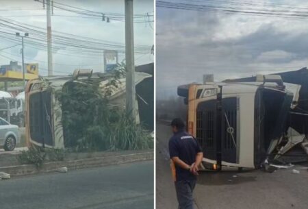 Caminhão com carvão tomba e motorista fica ferido em avenida de Contagem - Foto: Reprodução/Redes Sociais