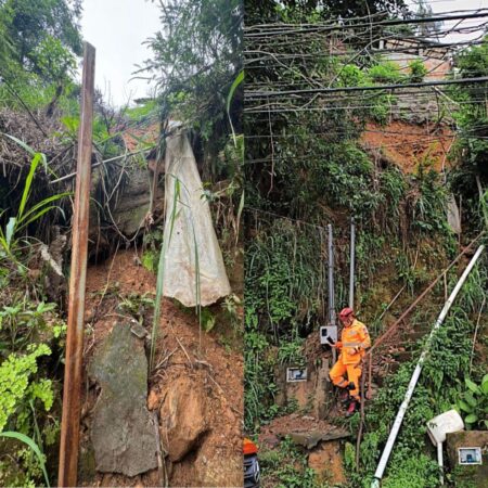 Desmoronamento de barranco interdita casa e mobiliza bombeiros em Juiz de Fora - Foto: Divulgação/Corpo de Bombeiros