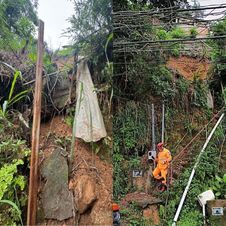 Desmoronamento de barranco interdita casa e mobiliza bombeiros em Juiz de Fora - Foto: Divulgação/Corpo de Bombeiros