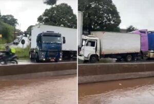 Batida entre caminhão e carretas complica trânsito no Anel Rodoviário, em BH - Foto: Reprodução/Redes Sociais