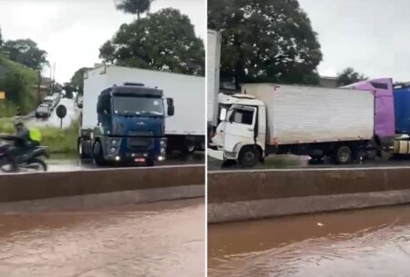 Batida entre caminhão e carretas complica trânsito no Anel Rodoviário, em BH - Foto: Reprodução/Redes Sociais