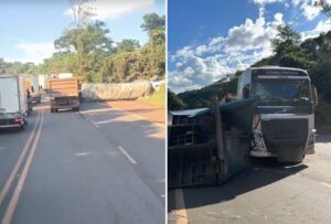 Acidente entre carro e caminhões deixa morto e feridos na BR-040, em Congonhas - Foto: Reprodução/Redes Sociais