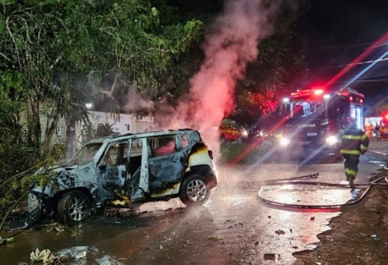 Fuga com troca de tiros termina em batida e carro incendiado em Uberaba - Foto: Divulgação/Corpo de Bombeiros