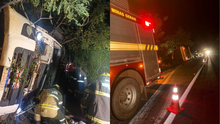 Motorista morre após caminhão carregado com carvão tombar na BR-135 em Buenópolis - Foto: Divulgação/Corpo de Bombeiros