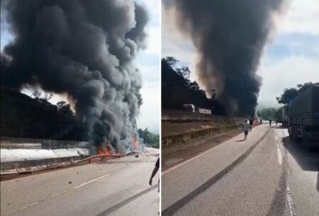 Acidente entre carretas provoca explosão e deixa um morto na Fernão Dias, em Rio Manso - Foto: Reprodução/Redes Sociais