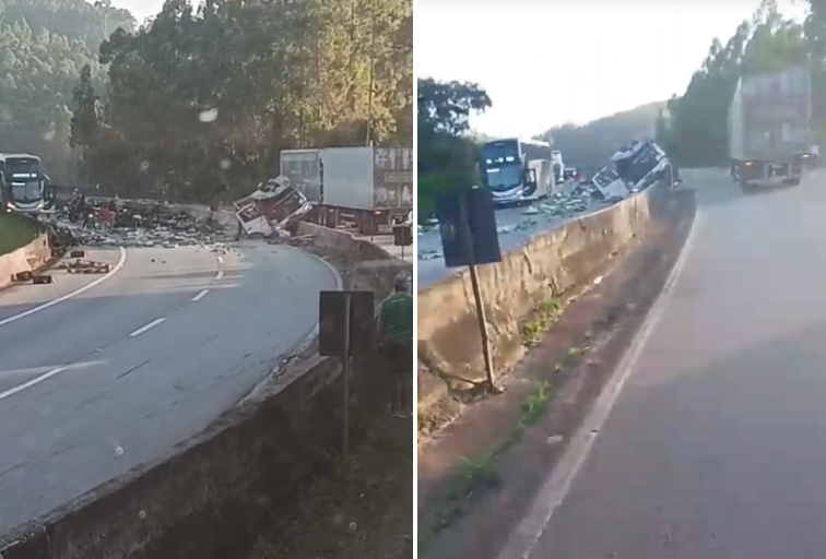 Caminhão carregado com bananas tomba e interdita trecho da Fernão Dias, em Itaguara - Foto: Reprodução/Redes Sociais