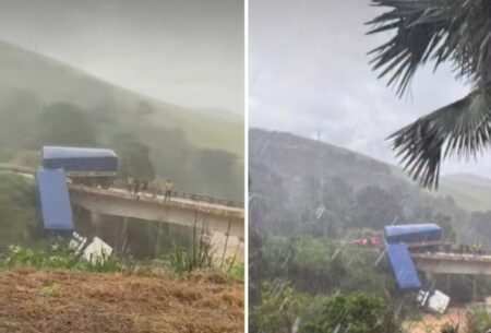 Carreta sai da pista, cai de ponte e interdita trecho da BR-262, em Matipó - Foto: Reprodução/Redes Sociais