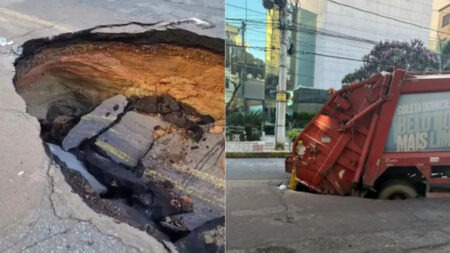 Caminhão da SLU cai em cratera e interdita rua no Cidade Nova, em BH - Foto: Reprodução