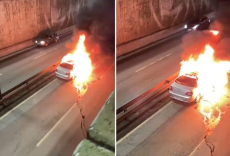 VÍDEO: Carro pega fogo e interdita Avenida Cardeal Eugênio Pacelli, em Contagem - Foto: Reprodução/Redes Sociais
