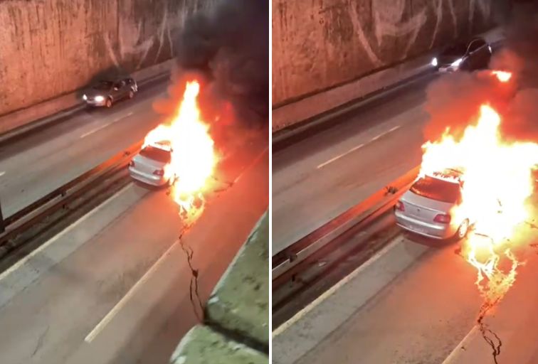 VÍDEO: Carro pega fogo e interdita Avenida Cardeal Eugênio Pacelli, em Contagem VÍDEO: Carro pega fogo e interdita Avenida Cardeal Eugênio Pacelli, em Contagem - Foto: Reprodução/Redes Sociais