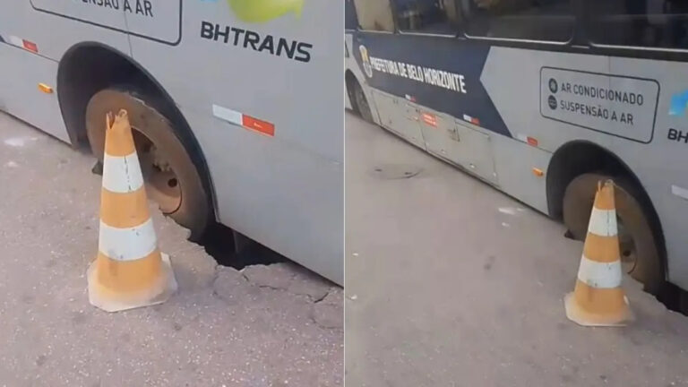 Ônibus fica preso após asfalto ceder e abrir cratera em bairro de BH - Foto: Reprodução
