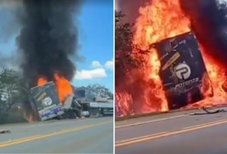 vCaminhoneiros sobrevivem a acidente com incêndio na BR-040, em Paracatu - Foto: Reprodução/Redes Sociais