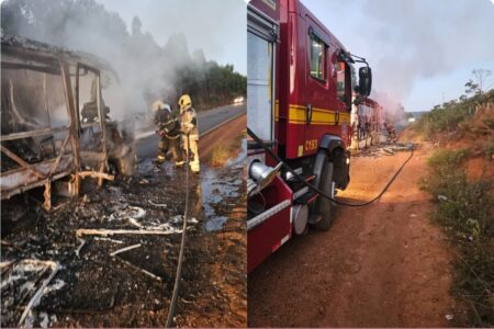 Micro-ônibus com time de futebol amador pega fogo em rodovia de MG - Foto: Divulgação/CBMMG
