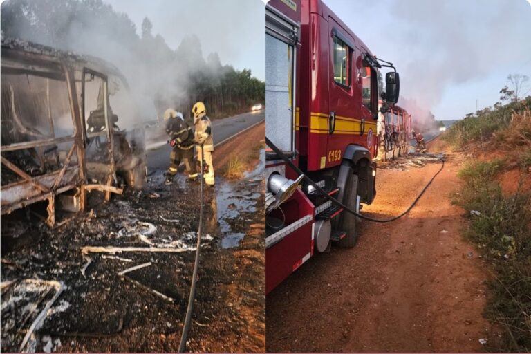 Micro-ônibus com time de futebol amador pega fogo em rodovia de MG - Foto: Divulgação/CBMMG
