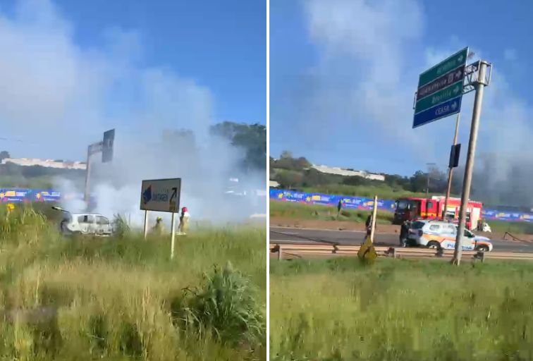 Carro pega fogo e bloqueia tráfego no Anel Rodoviário, em BH - Foto: Reprodução/Redes Sociais
