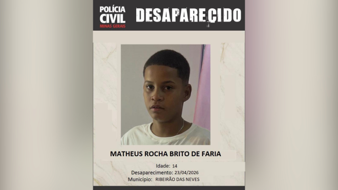 Adolescente de 14 anos está desaparecido há quatro dias em Ribeirão das Neves - Foto: Divulgação/PCMG