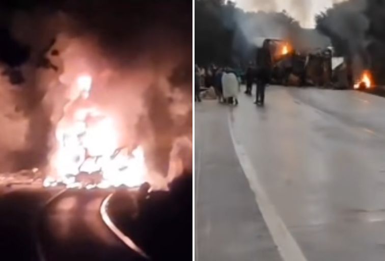 Acidente entre carreta e ônibus provoca incêndio e interdita BR-251, no Norte de Minas Acidente entre carreta e ônibus provoca incêndio e interdita BR-251, no Norte de Minas - Foto: Reprodução/Redes Sociais