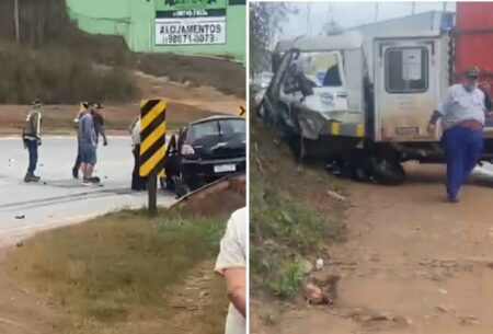 Acidente frontal entre carro e caminhão deixa vítima presa às ferragens na BR-040, em Congonhas Acidente frontal entre carro e caminhão deixa vítima presa às ferragens na BR-040, em Congonhas - Foto: Reprodução/Redes Sociais