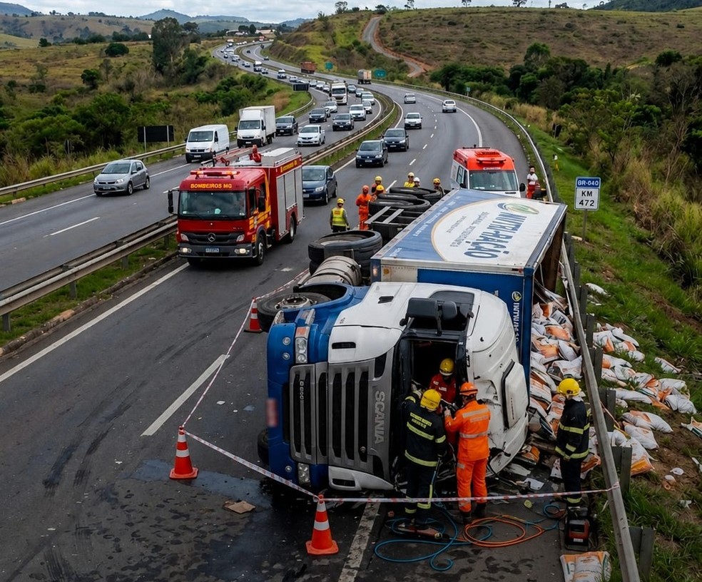 Motorista morre preso às ferragens após carreta tombar na BR-040, em Juiz de Fora Motorista morre preso às ferragens após carreta tombar na BR-040, em Juiz de Fora - Foto: Flagrante BQ/Reprodução