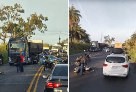Acidente entre caminhão, carro e moto complica trânsito na BR-381, na Grande BH Acidente entre caminhão, carro e moto complica trânsito na BR-381, em Sabará - Foto: Reprodução/Redes Sociais