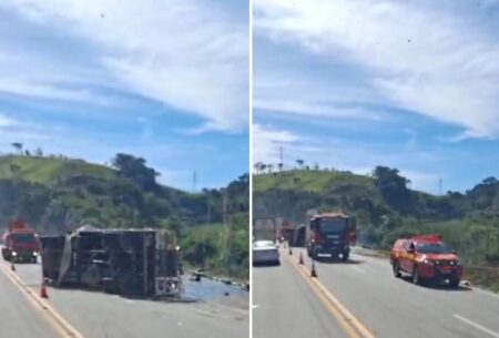 Carreta tomba, pega fogo e interdita a BR-040, em Juiz de Fora Carreta tomba, pega fogo e interdita a BR-040, em Juiz de Fora - Foto: Reprodução/Redes Sociais